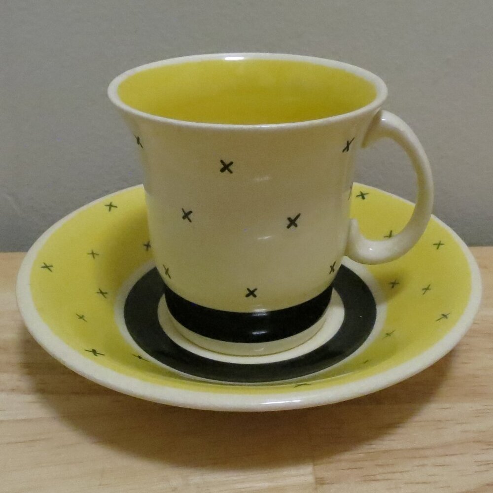 Art Deco Susie Cooper Yellow & Black "Stitch" Kestrel Demitasse Set